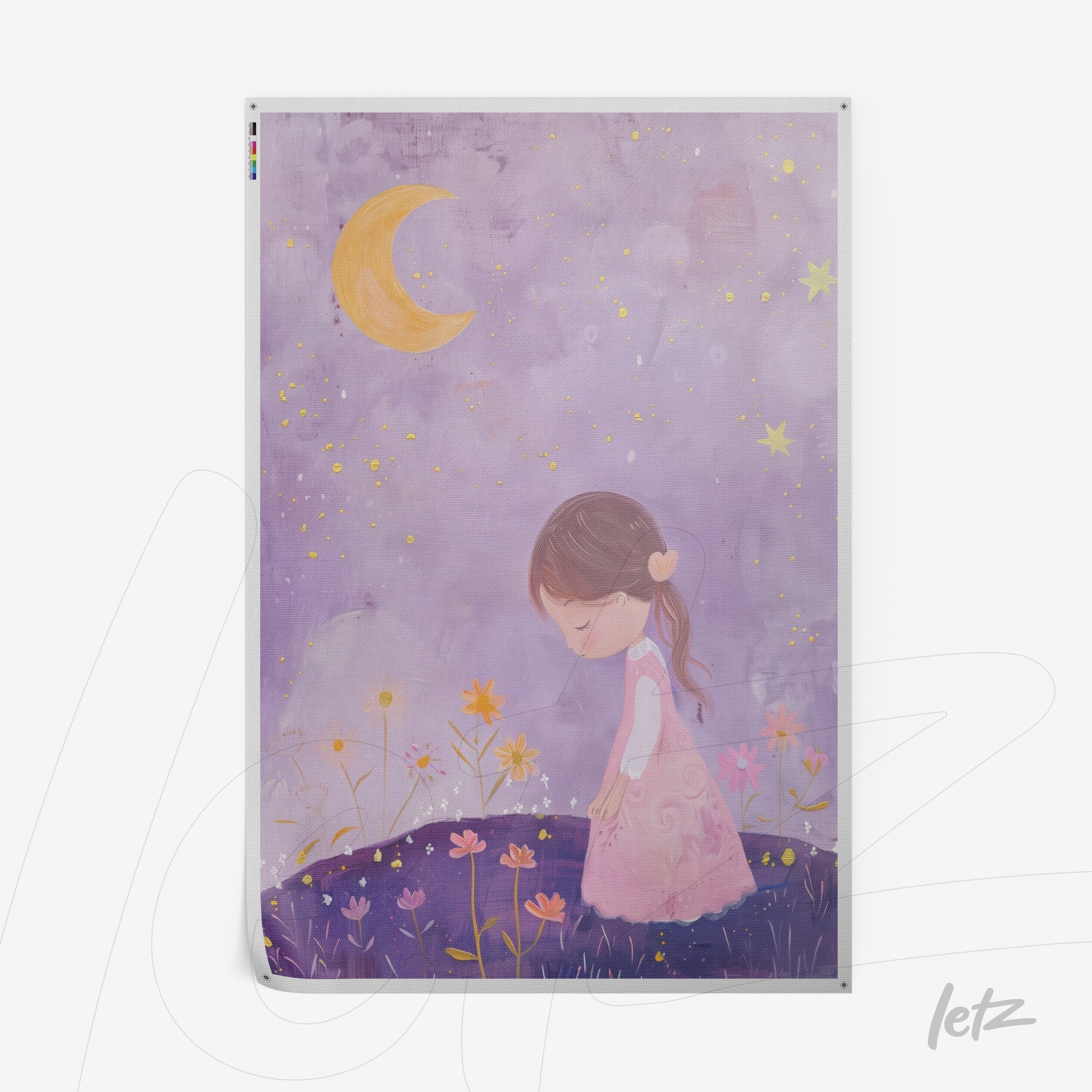 framed artwork featuring a young girl in a pink dress surrounded by flowers under a lilac sky with a crescent moon