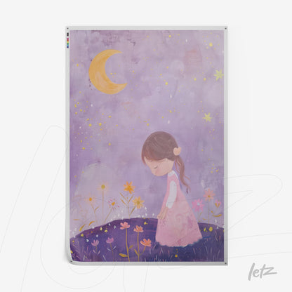 framed artwork featuring a young girl in a pink dress surrounded by flowers under a lilac sky with a crescent moon