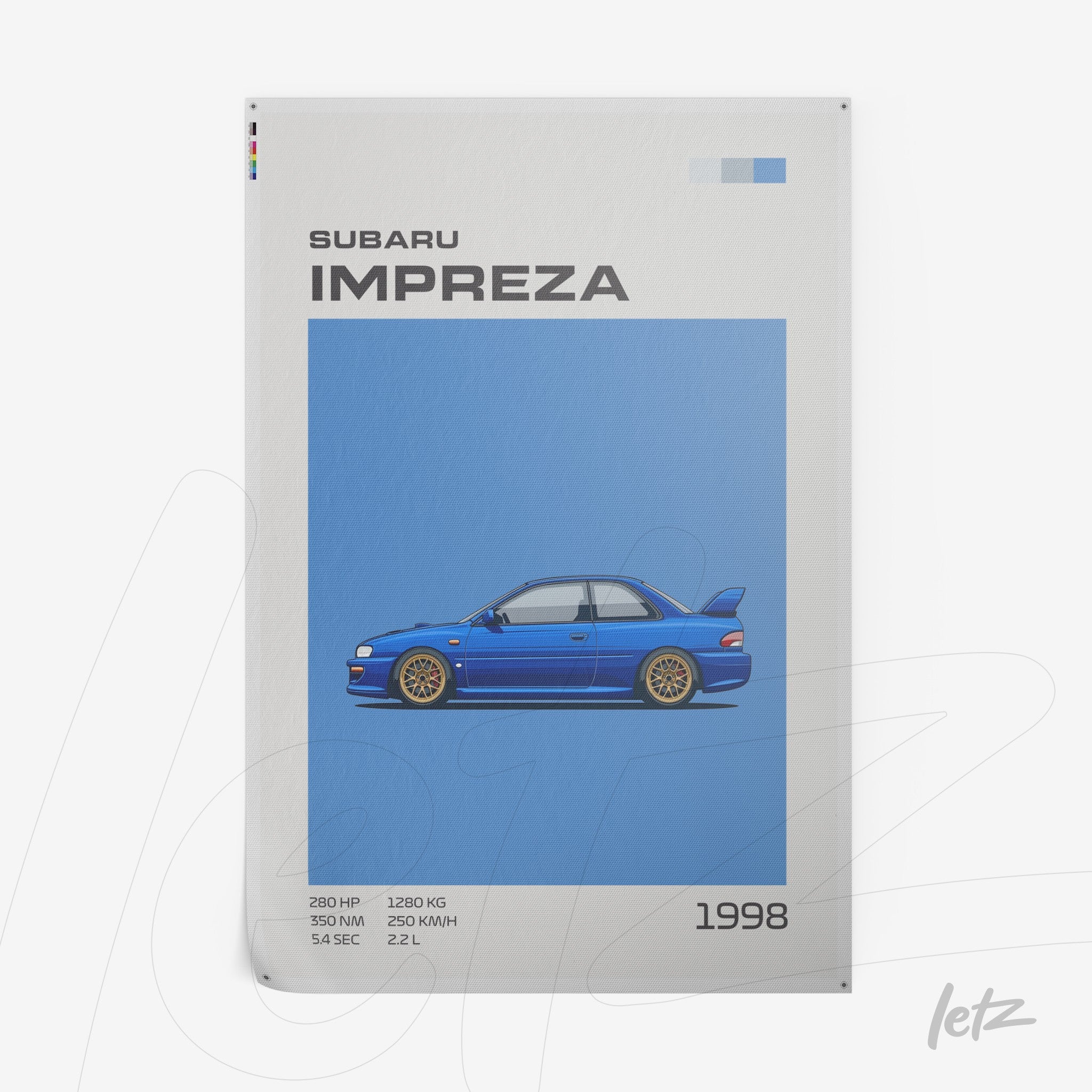 framed wall art depicting a digital illustration of a 1998 Subaru Impreza on a blue background with graphical details