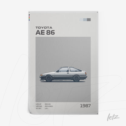 minimalist wall art featuring a Toyota AE 86 car on light gray background