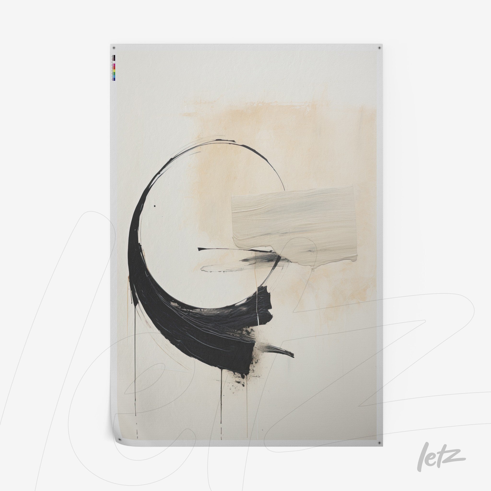 abstract wall art featuring neutral tones with circular shapes and bold black brush strokes on a light background