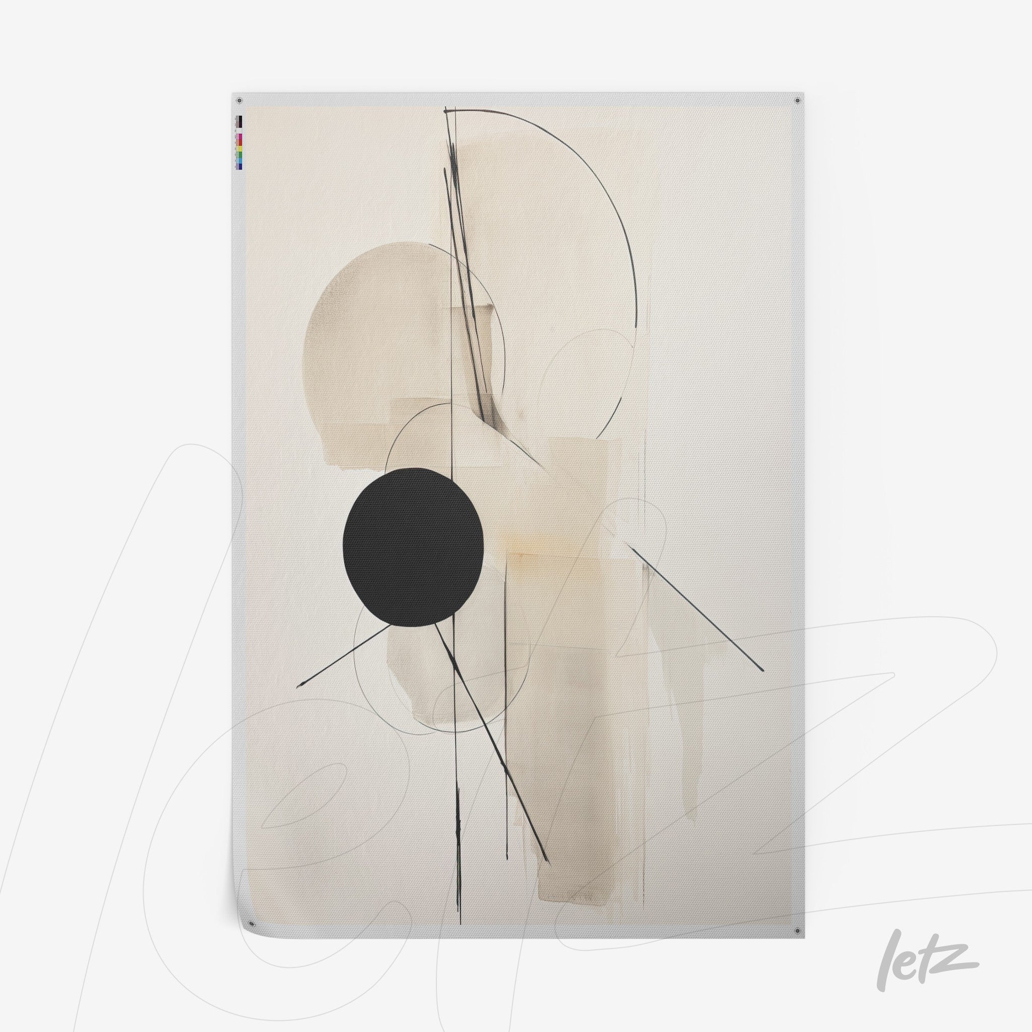 abstract wall art featuring light tones with geometric shapes including circles and black lines on a neutral background