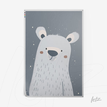 poster print featuring a stylized polar bear illustration on a blue background