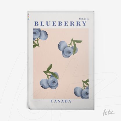 framed wall art featuring watercolor blueberries on pink background with blue vintage style text