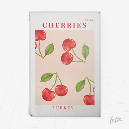 poster print featuring red cherries illustration on pink background with green leaves and prominent text