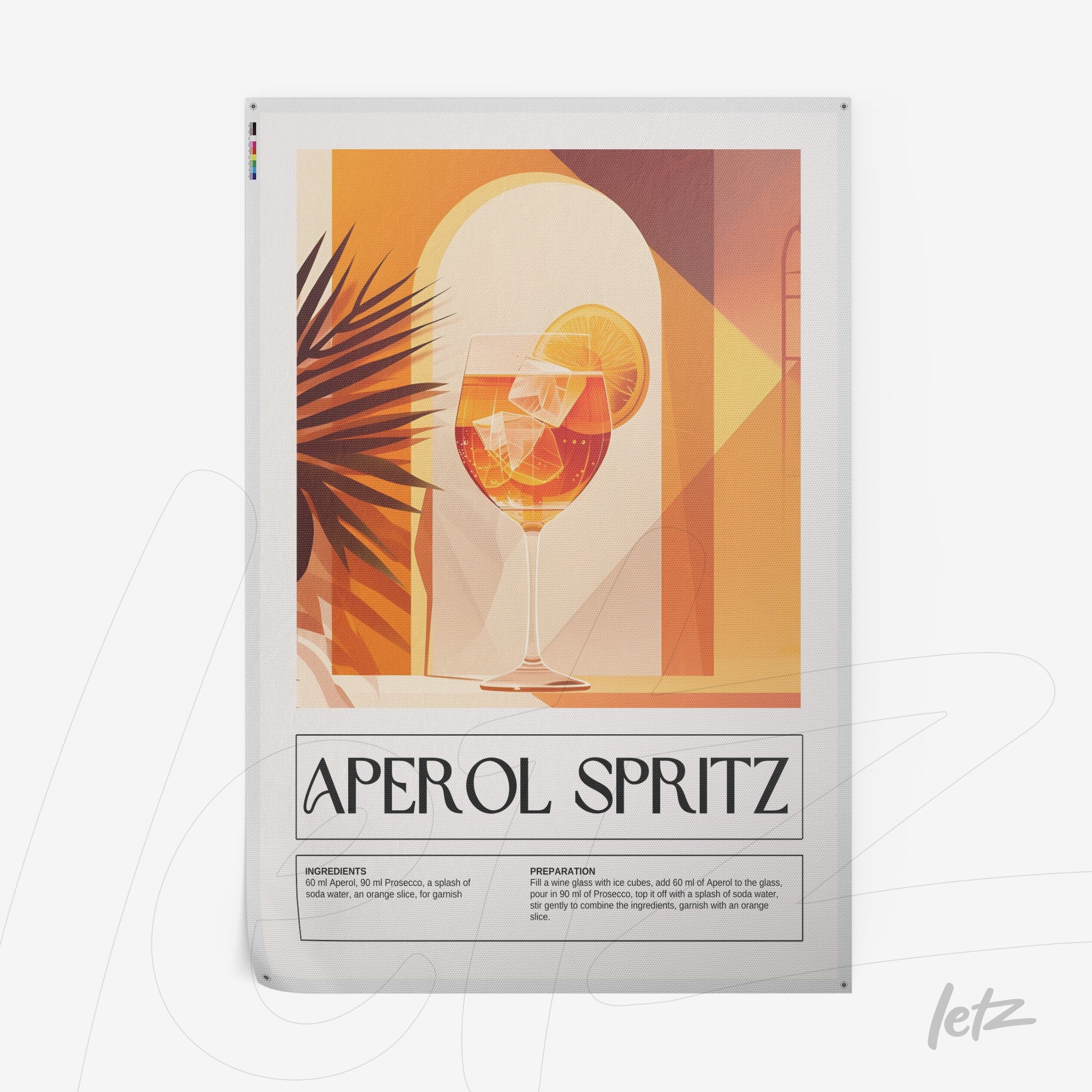 graphic art print of aperol spritz cocktail in a white frame with a yellow background and palm leaf elements