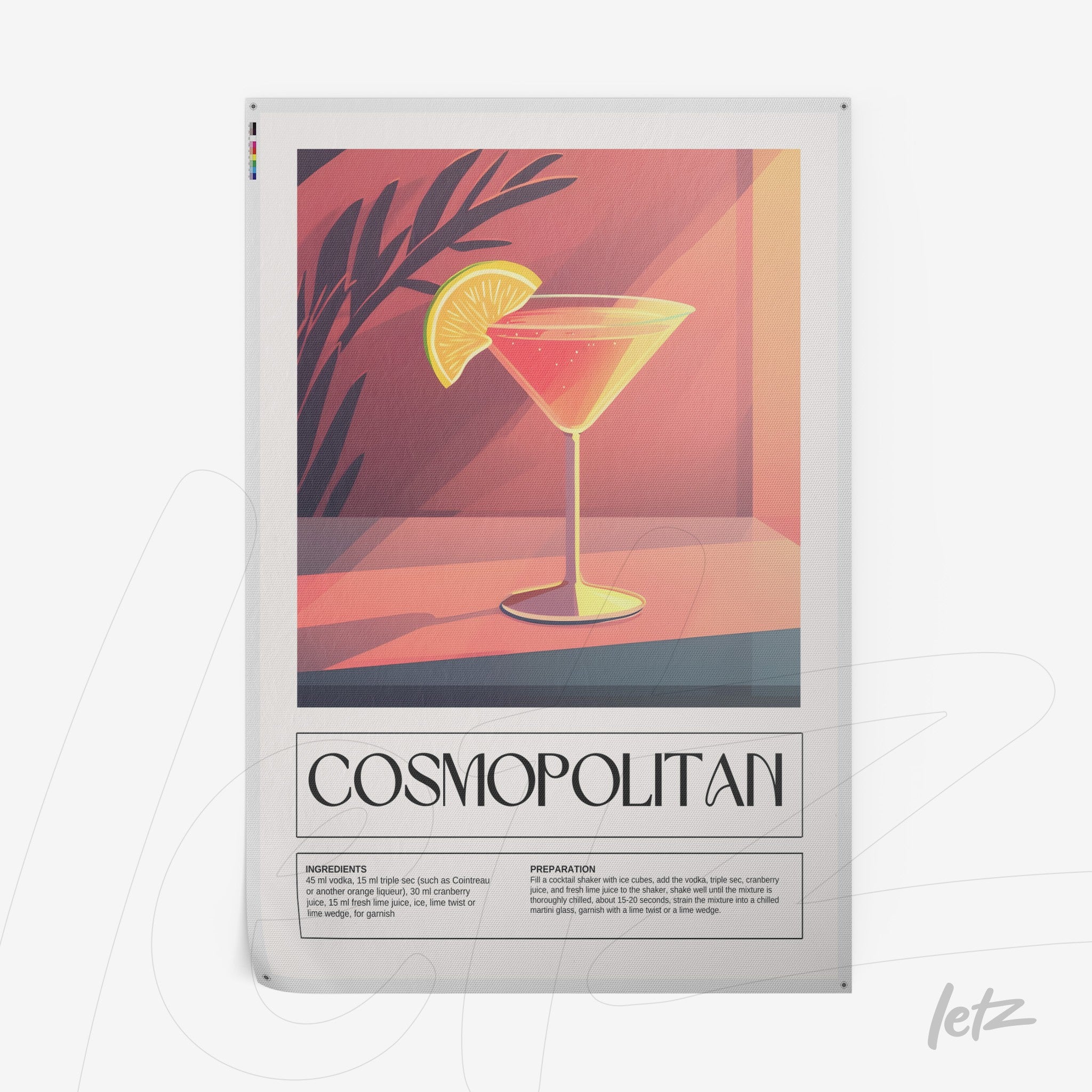 retro style artwork of cosmopolitan cocktail in white frame with pastel background and sliced lemon