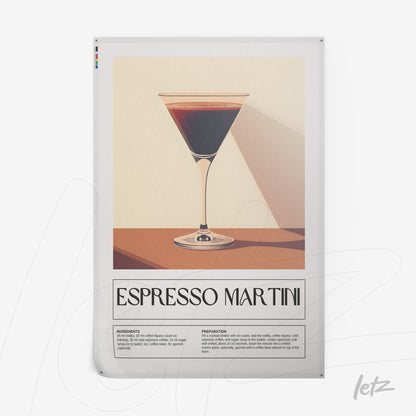 illustrative wall art of espresso martini cocktail on a light background featuring ingredients and preparation details