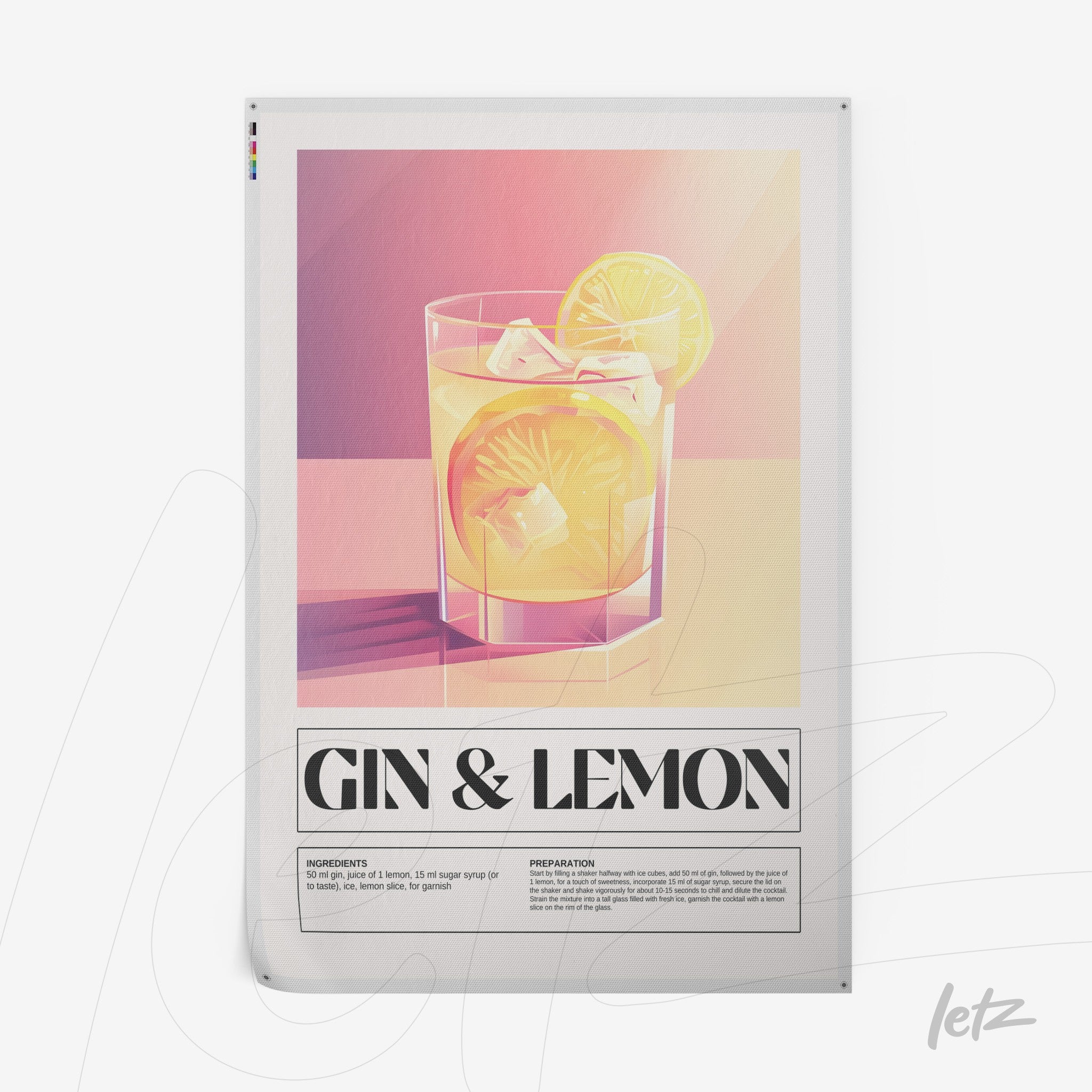 framed wall art featuring a gin and lemon cocktail illustration on a pink background with a white frame