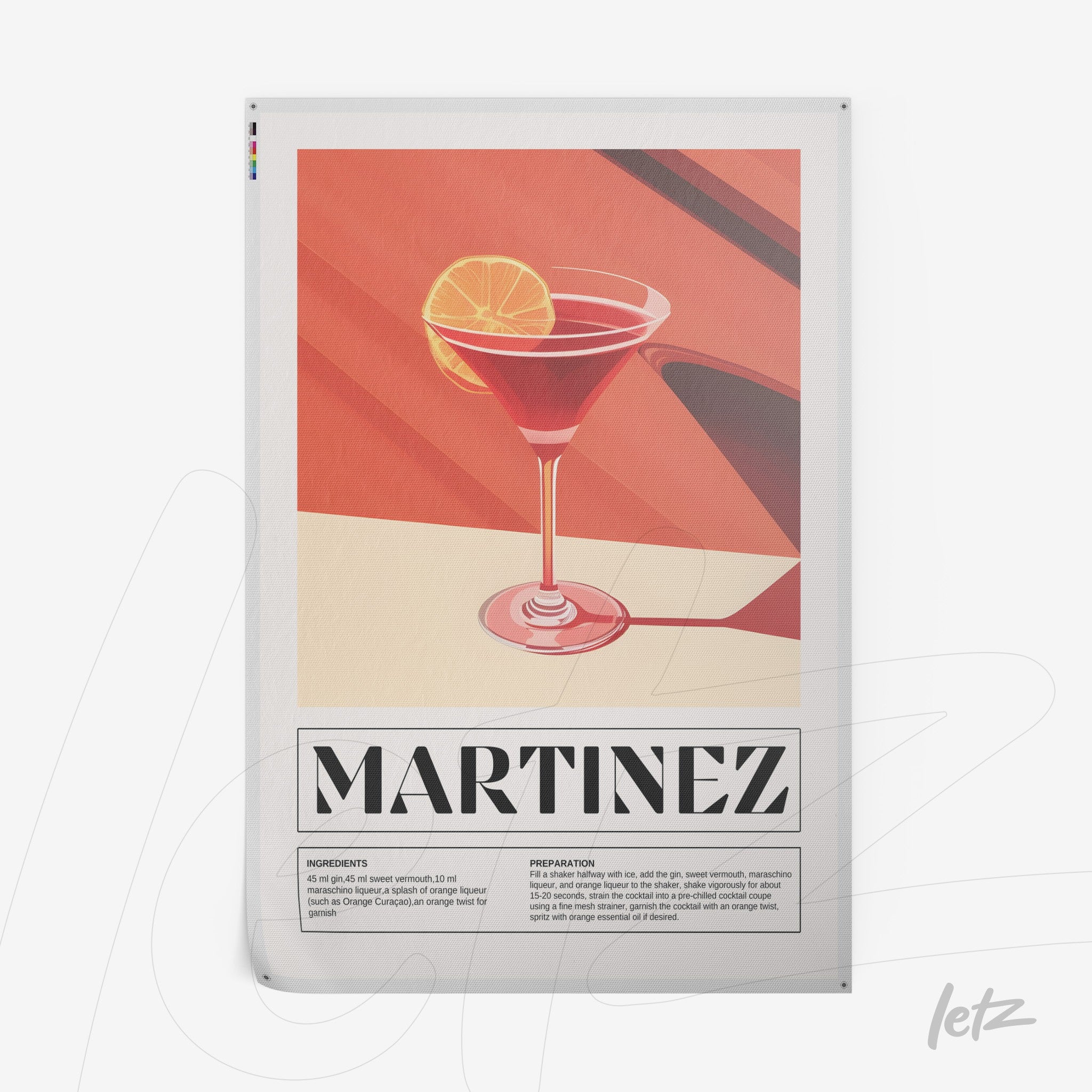 retro style wall art of martinez cocktail in orange background with geometric details