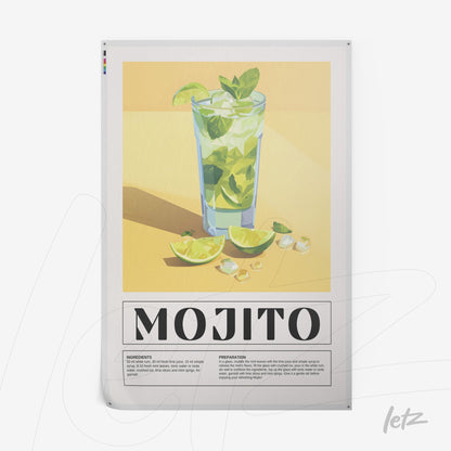 digital art of a mojito in a tall glass on yellow background, featuring limes and ice in the composition