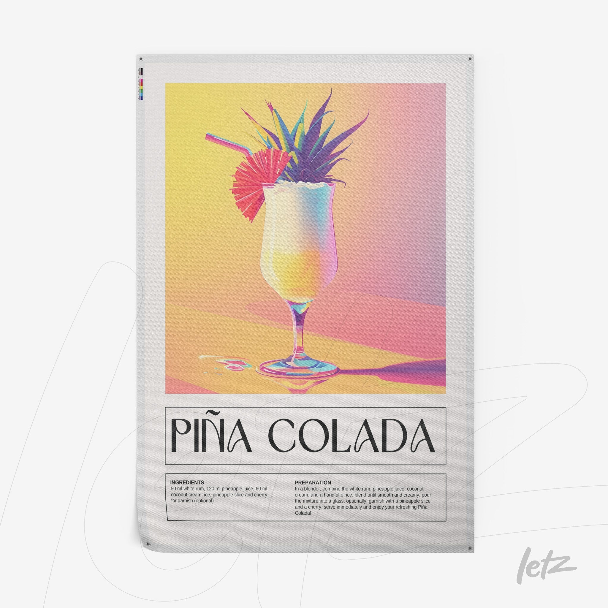 framed wall art featuring a retro-style digital illustration of piña colada cocktail with a soft pastel background and explanatory text at the bottom