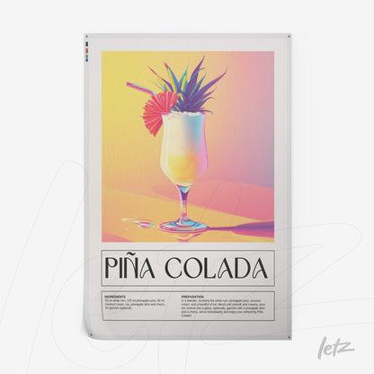 framed wall art featuring a retro-style digital illustration of piña colada cocktail with a soft pastel background and explanatory text at the bottom