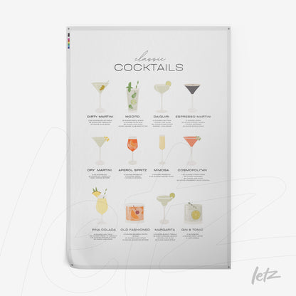 poster featuring illustrations of classic cocktails such as mojito, dry martini, and cosmopolitan on white background