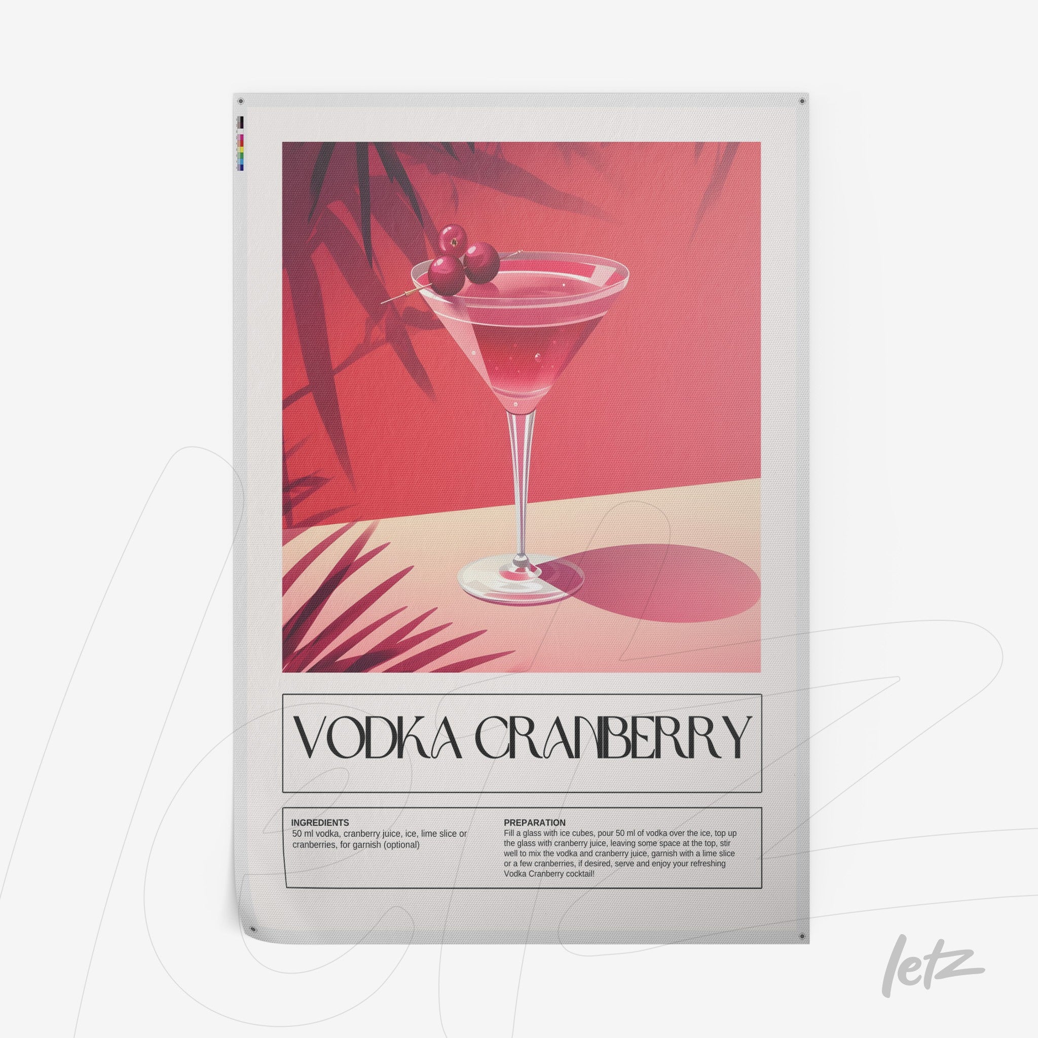 retro style poster art of a vodka cranberry drink with pink background and tropical leaves