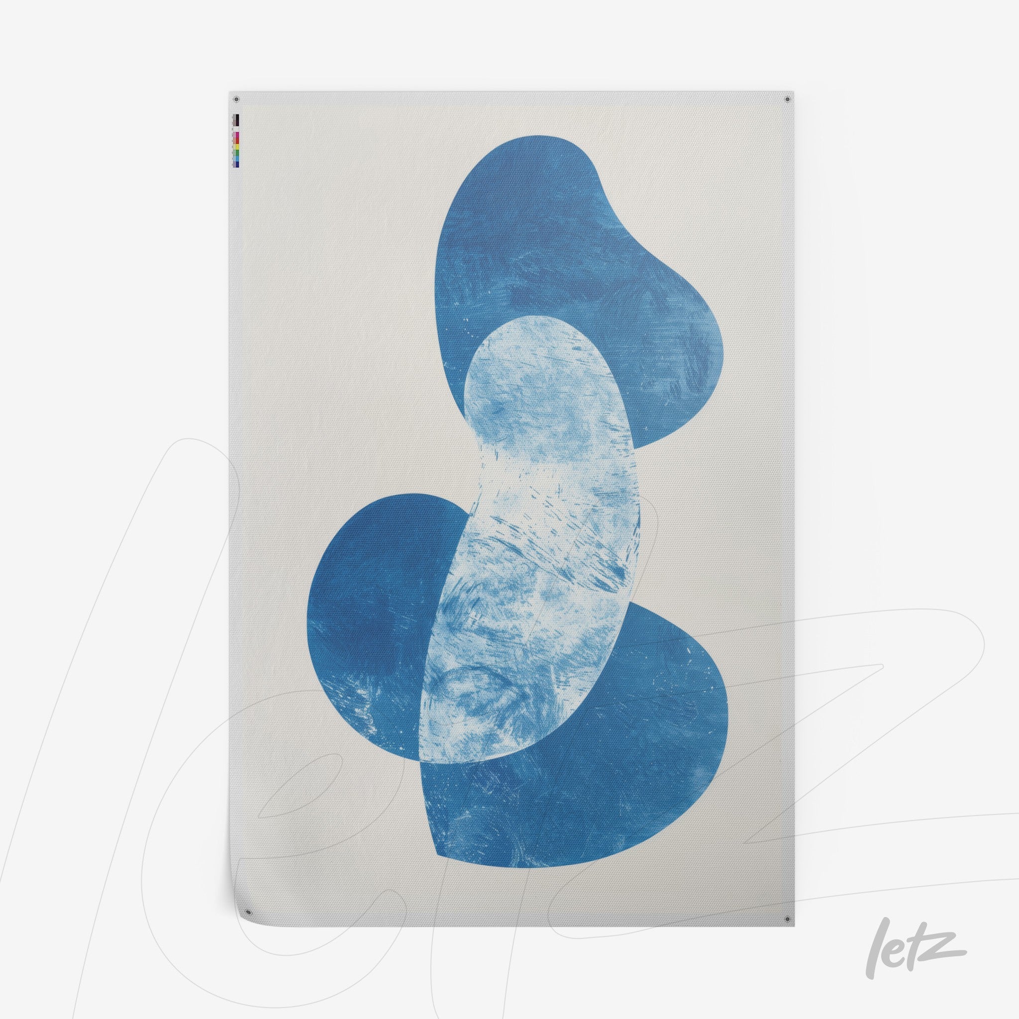 modern artwork featuring abstract shapes in shades of blue on light background
