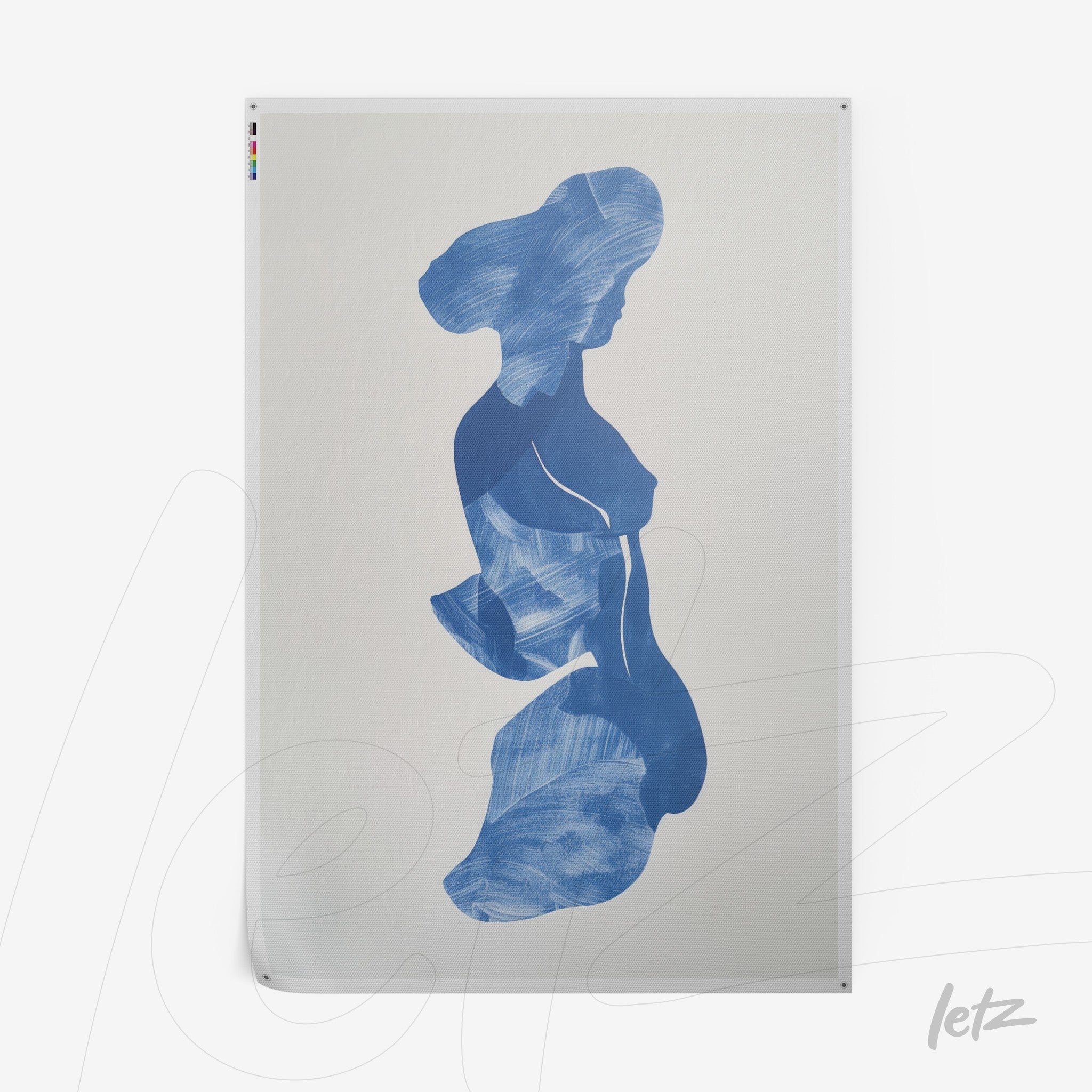 artwork featuring a blue silhouette of a female form against a light background