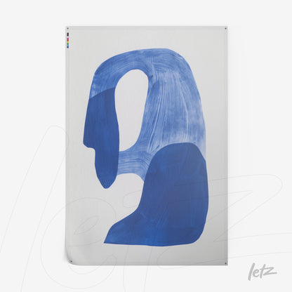 abstract artwork in shades of blue on white background featuring organic shapes