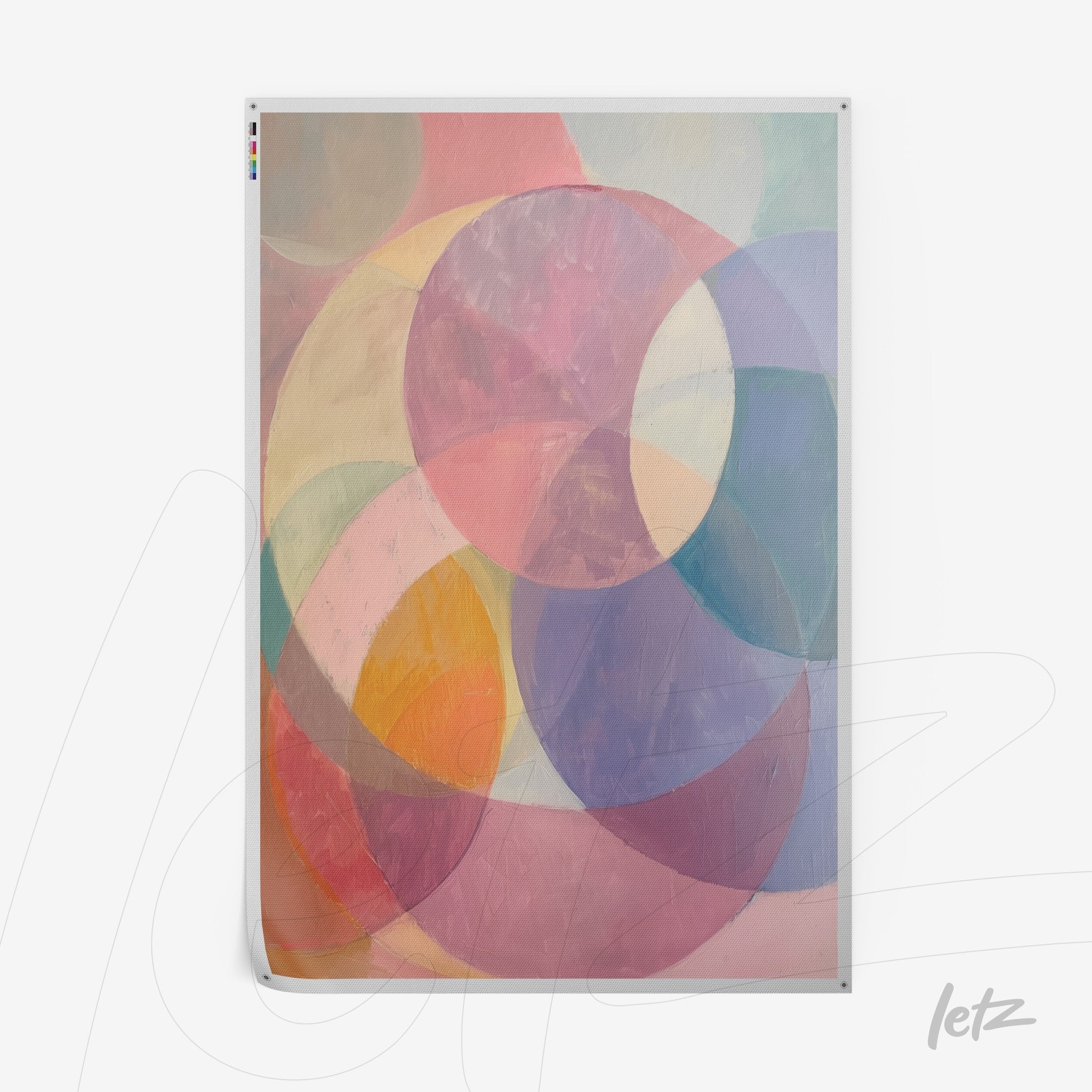 art piece in pastel tones featuring overlapping circles of various sizes and transparencies