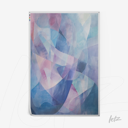 abstract wall art in shades of blue and pink featuring fluid shapes and soft textures