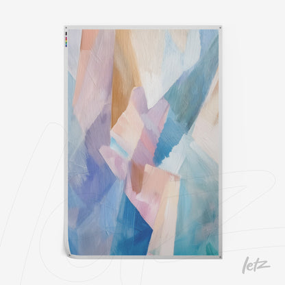 abstract wall art in shades of blue, pink, and cream featuring soft textured brush strokes