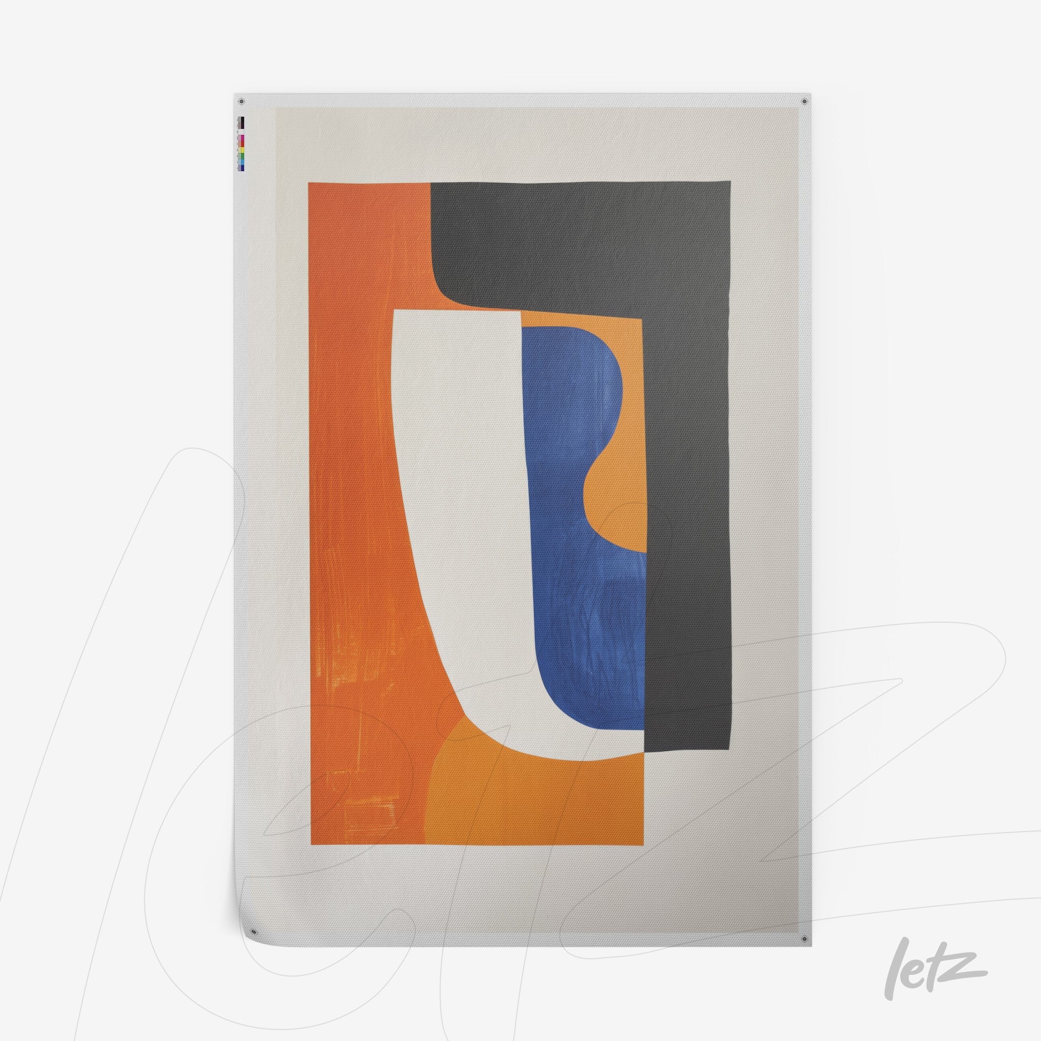 abstract modern wall art featuring geometric shapes in orange, blue, and black on a light background