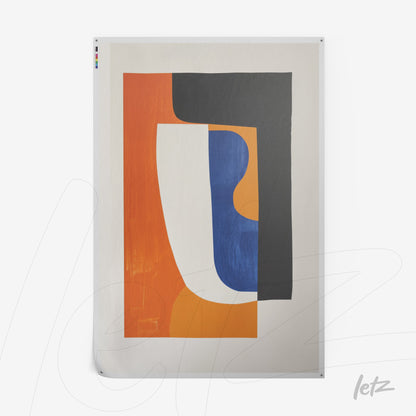 abstract modern wall art featuring geometric shapes in orange, blue, and black on a light background