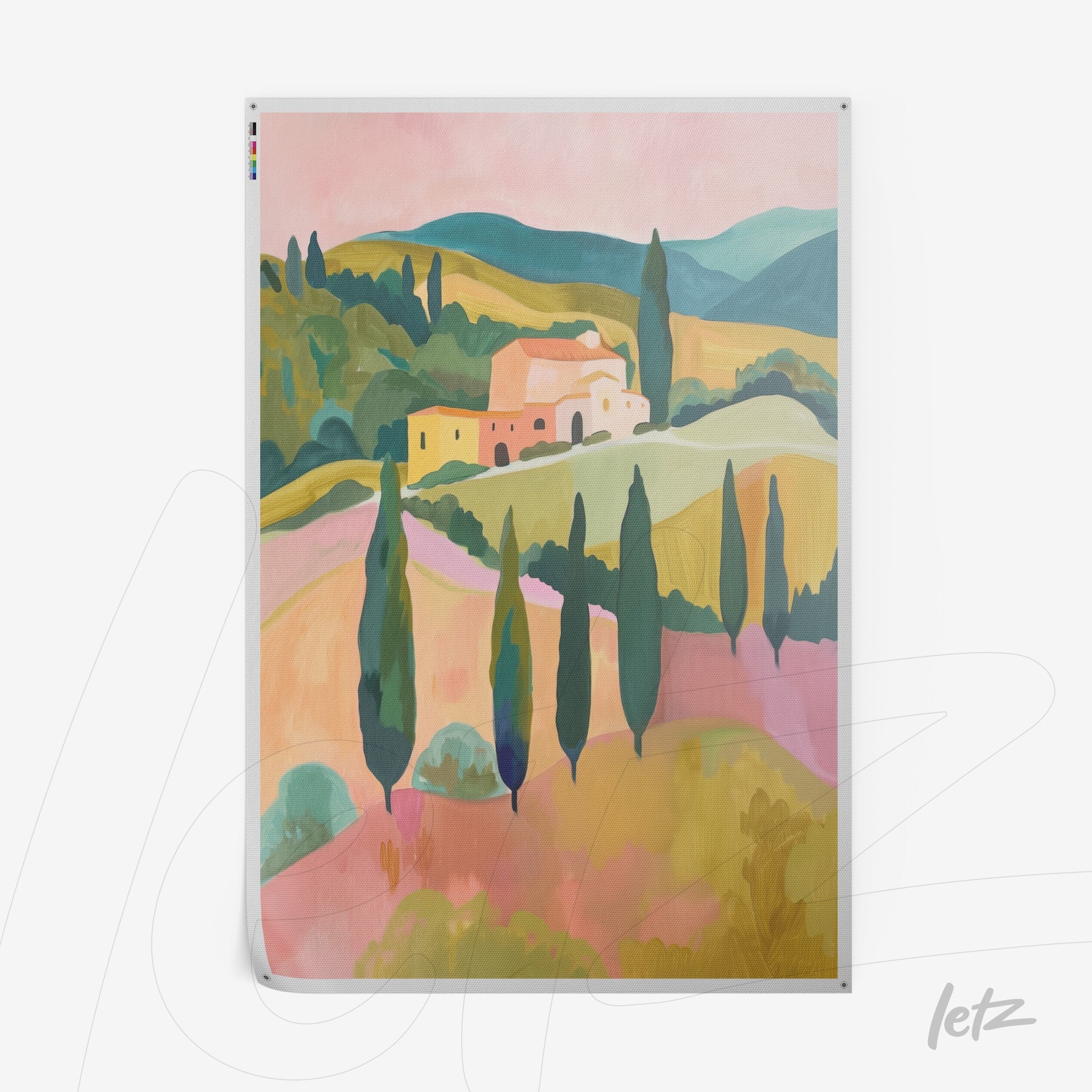 artwork featuring rolling hills and cypress trees in pastel colors on a pink background