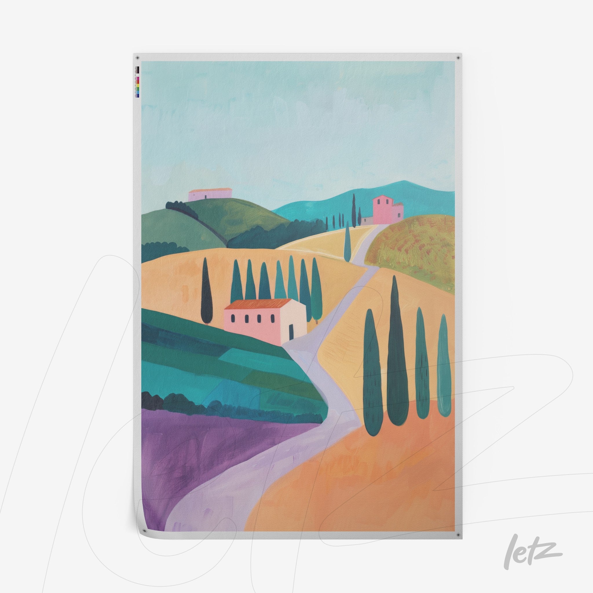 contemporary wall art depicting a tuscan landscape with green hills, pink houses, tall cypress trees, and a winding road