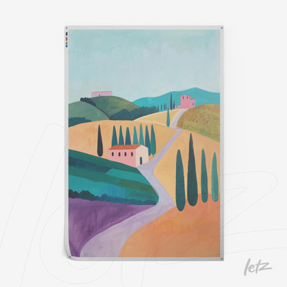 contemporary wall art depicting a tuscan landscape with green hills, pink houses, tall cypress trees, and a winding road