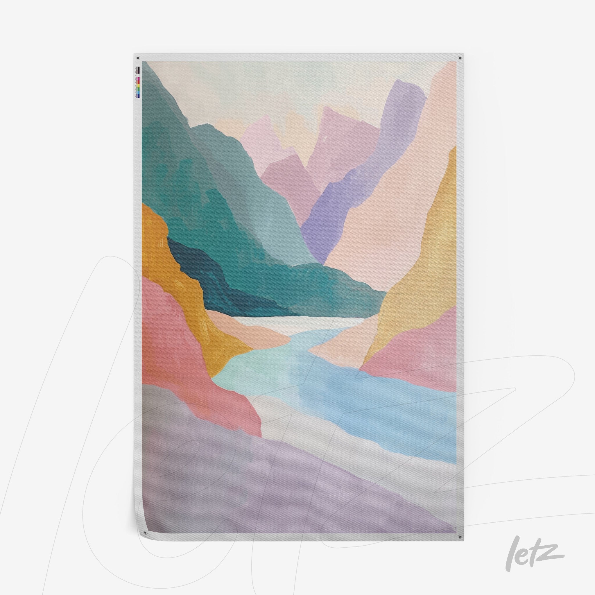 abstract wall art in pastel colors depicting a mountainous landscape with a river in the center
