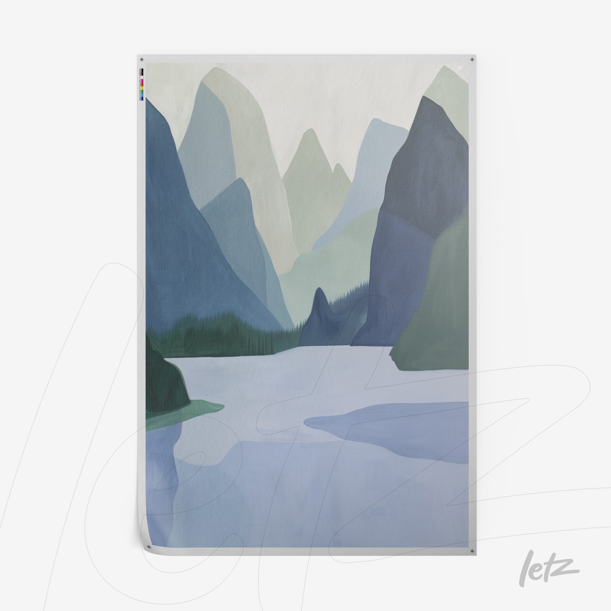 framed wall art featuring a minimalist mountain landscape in shades of blue and green with a lake and forests in the background