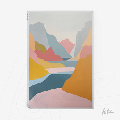 abstract wall art in pastel colors depicting mountains and a calm lake