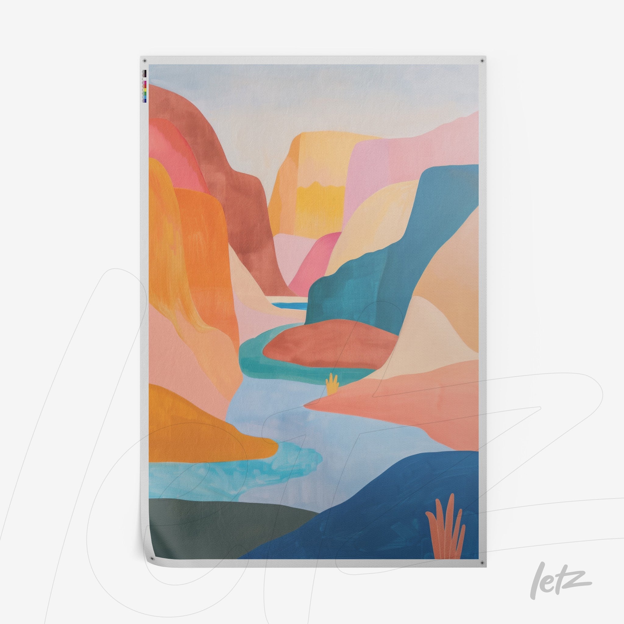 abstract art print in warm tones depicting a canyon with a winding river in the center