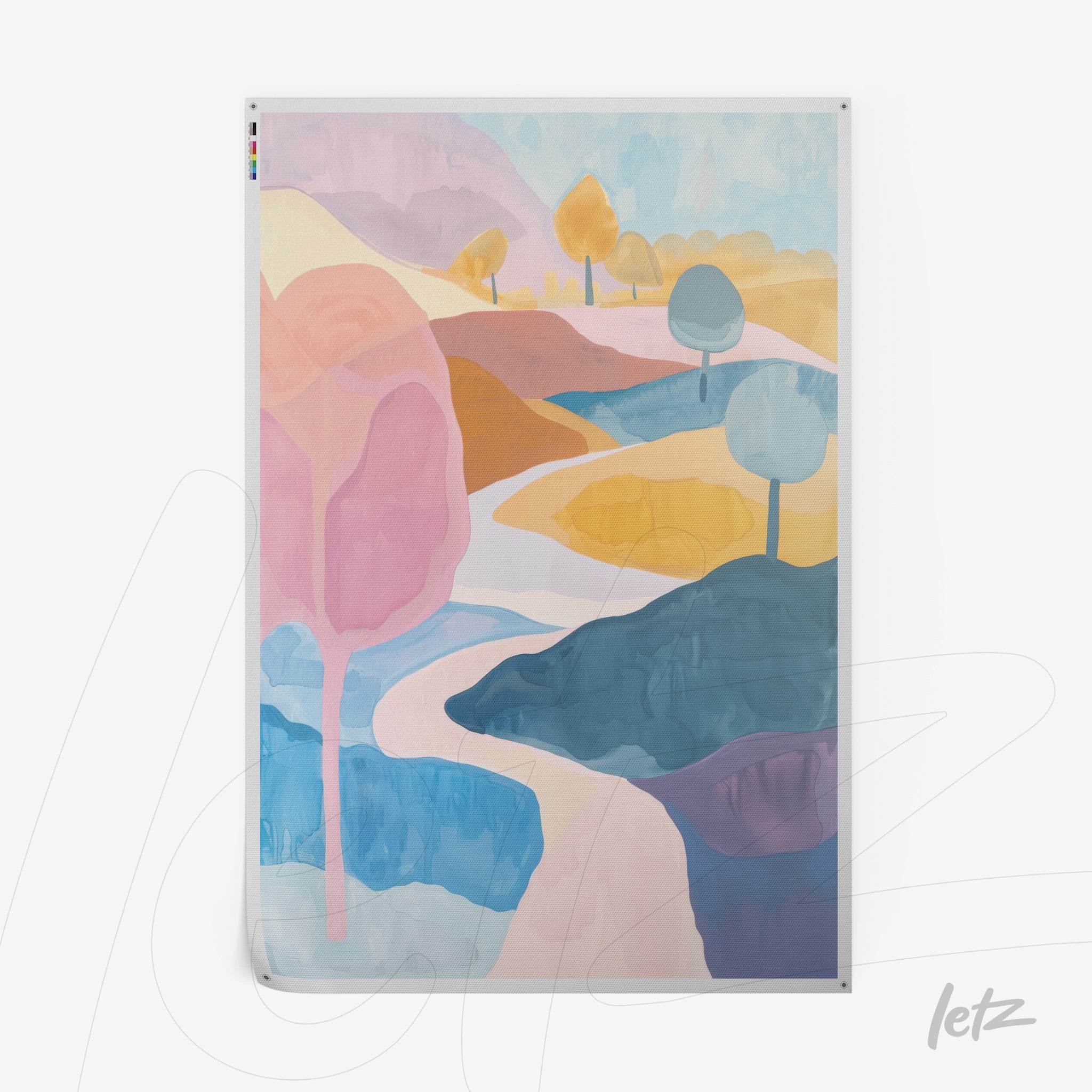 abstract landscape wall art in soft colors depicting hills and trees in shades of pink, blue, and yellow