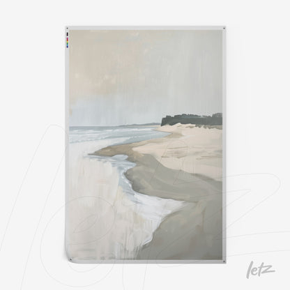 abstract wall art of a serene beach in pastel shades featuring gentle waves and light sand under a cloudy sky
