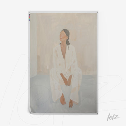 minimalist wall art of a seated woman in white clothing on a neutral background