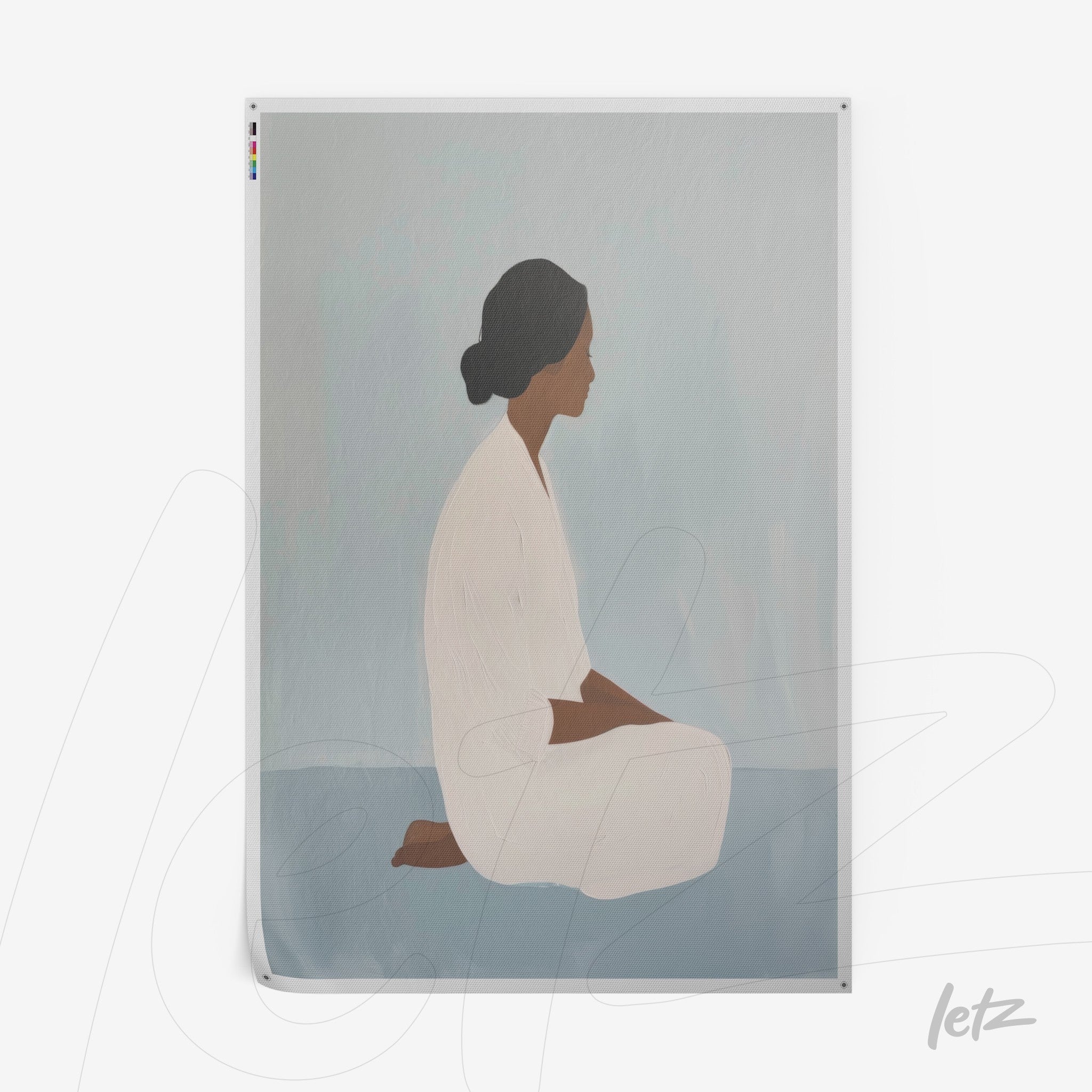 art print featuring a woman in a seated meditation pose in soft shades of blue and gray