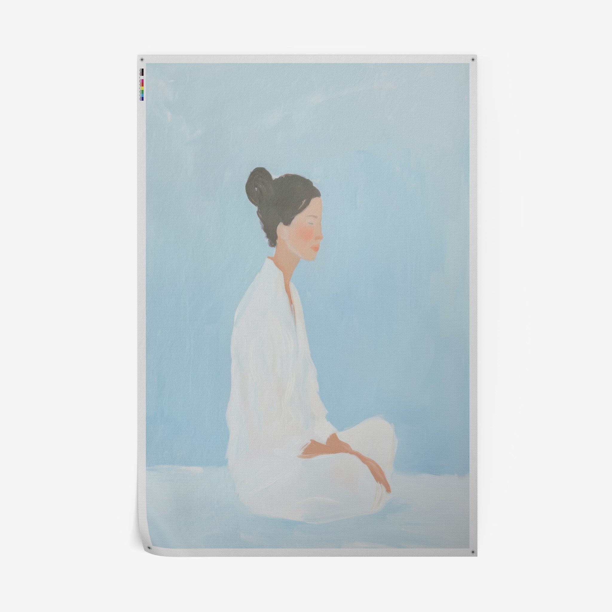 canvas print featuring a portrait of a seated woman against a soft blue background