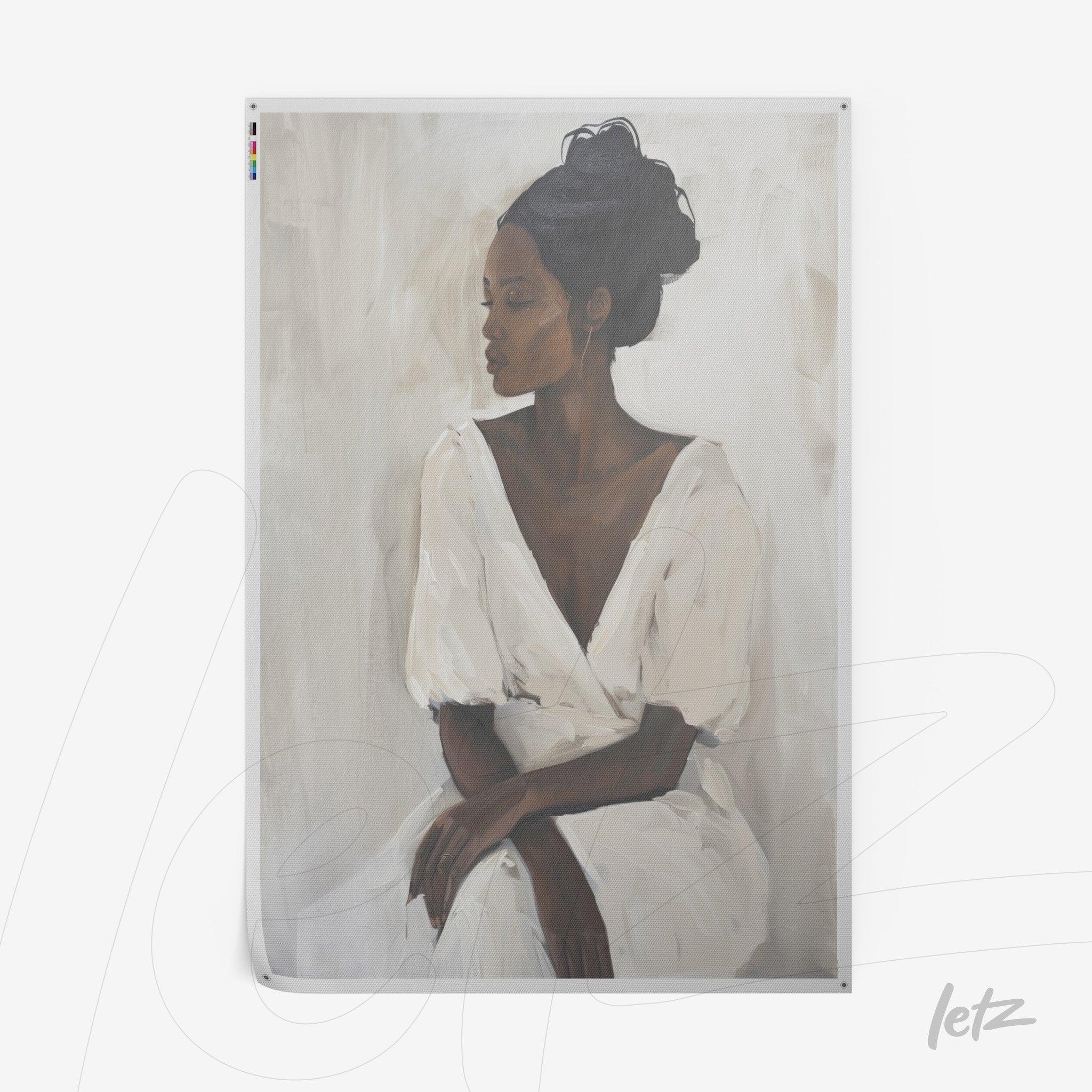canvas print featuring a female portrait in neutral tones depicting a dark-skinned woman wearing a white puffed sleeve dress