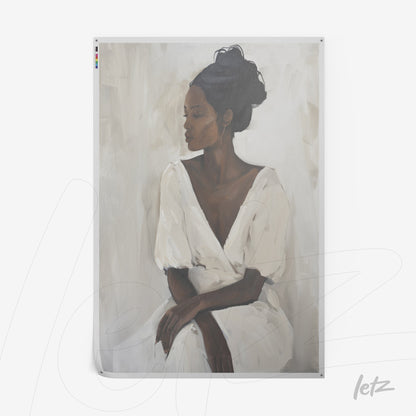 canvas print featuring a female portrait in neutral tones depicting a dark-skinned woman wearing a white puffed sleeve dress