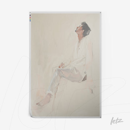 digital art of a seated man in white clothing with a contemplative expression against a soft background