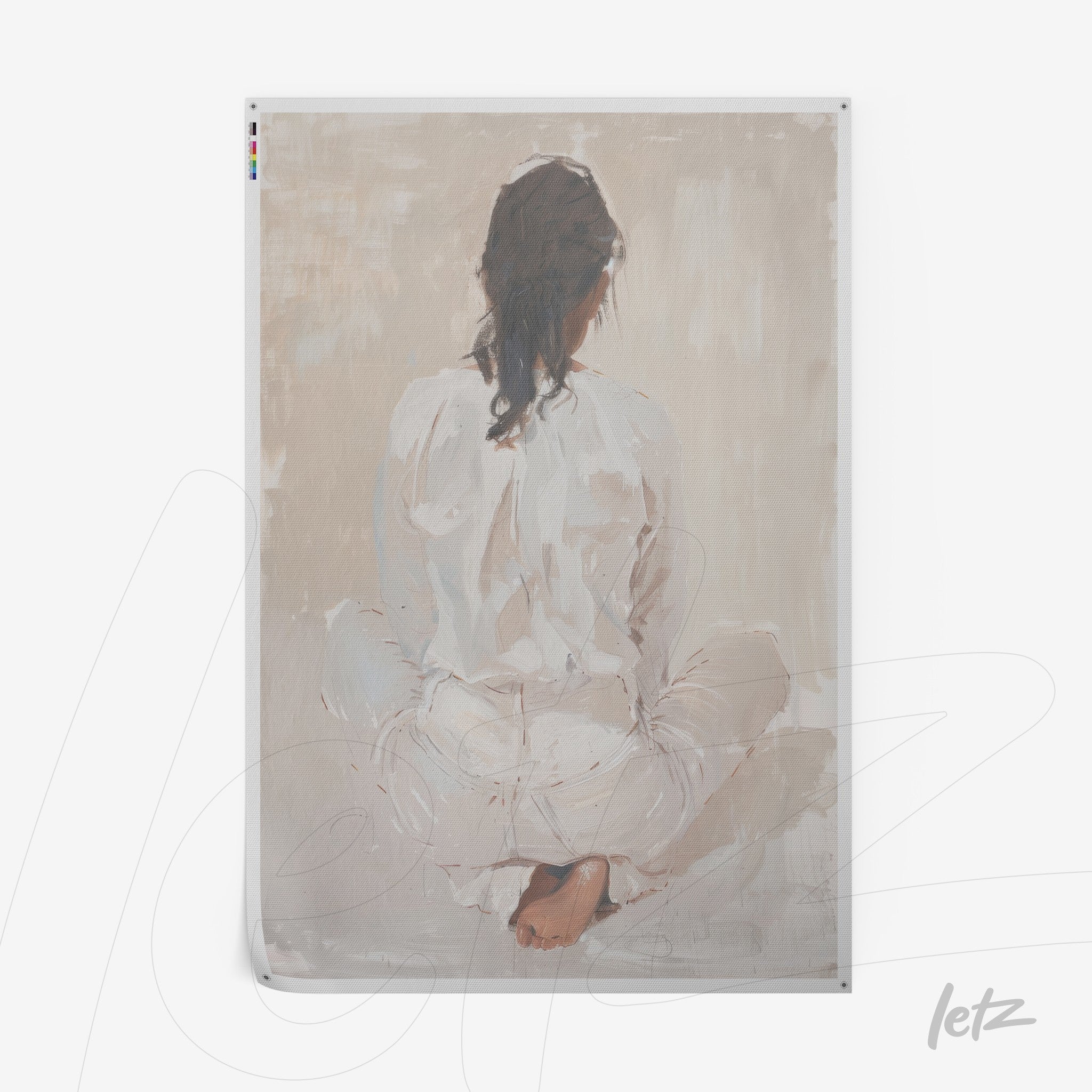 abstract art print of a female figure sitting with her back turned, wearing white clothing against a neutral background