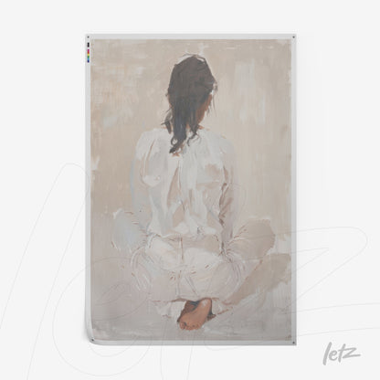 abstract art print of a female figure sitting with her back turned, wearing white clothing against a neutral background