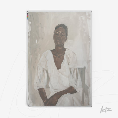 painting of a dark-skinned woman sitting in a serene pose, wearing a white outfit against a neutral background