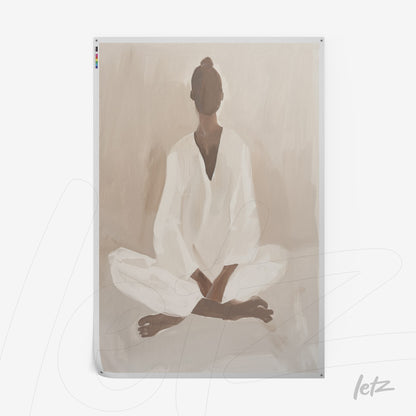 minimalist wall art depicting a seated female figure meditating in neutral colors