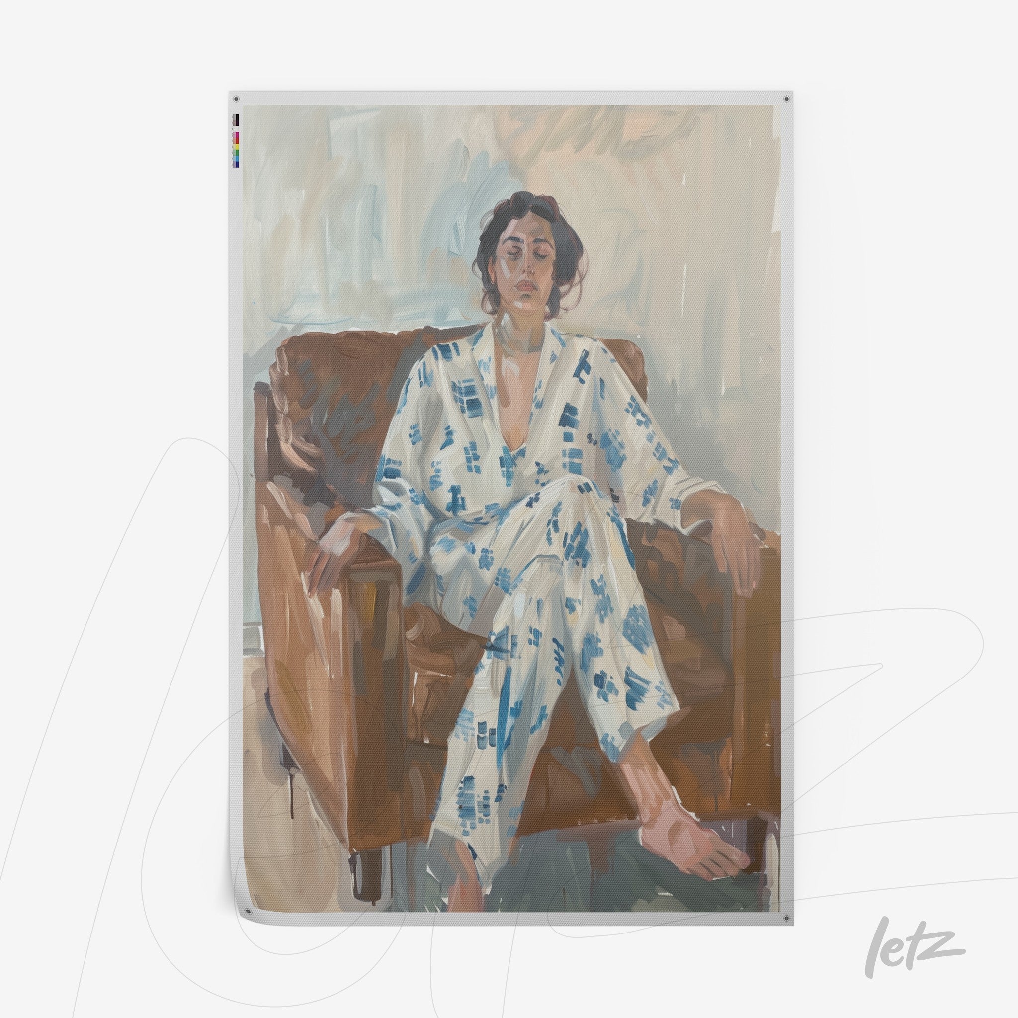 modern art painting of a woman sitting on a brown sofa, wearing a blue patterned robe