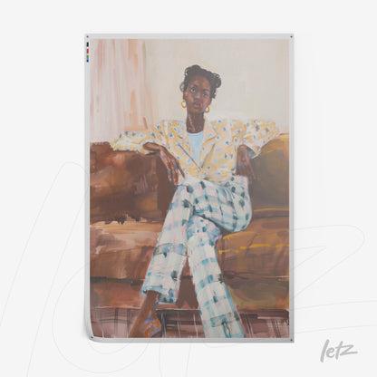 framed art depicting a woman in patterned clothing seated on a sofa with a neutral background