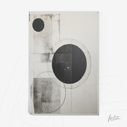 canvas artwork featuring an abstract composition in black and white with circular geometric shapes on a light background