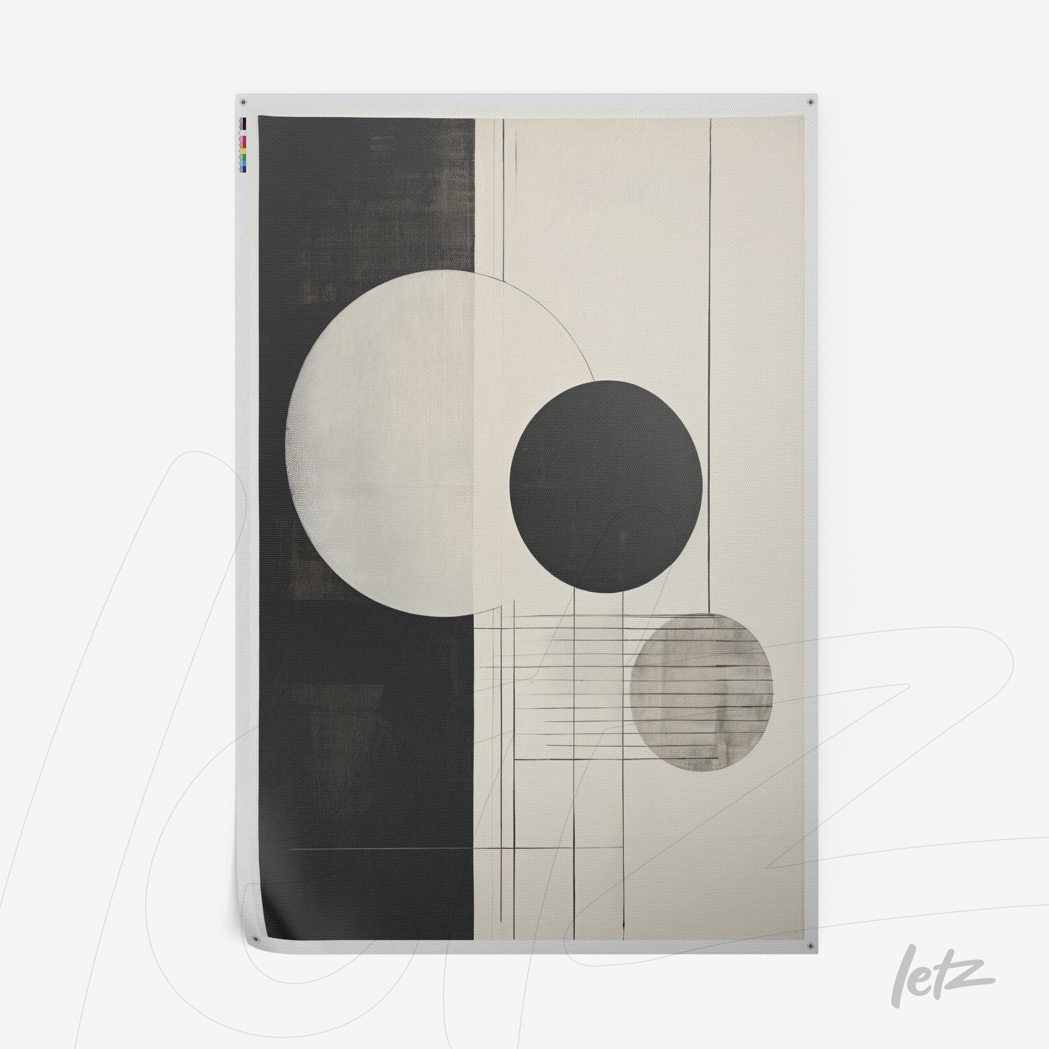 abstract wall art in neutral tones featuring black and gray circles, geometric lines, and a light background
